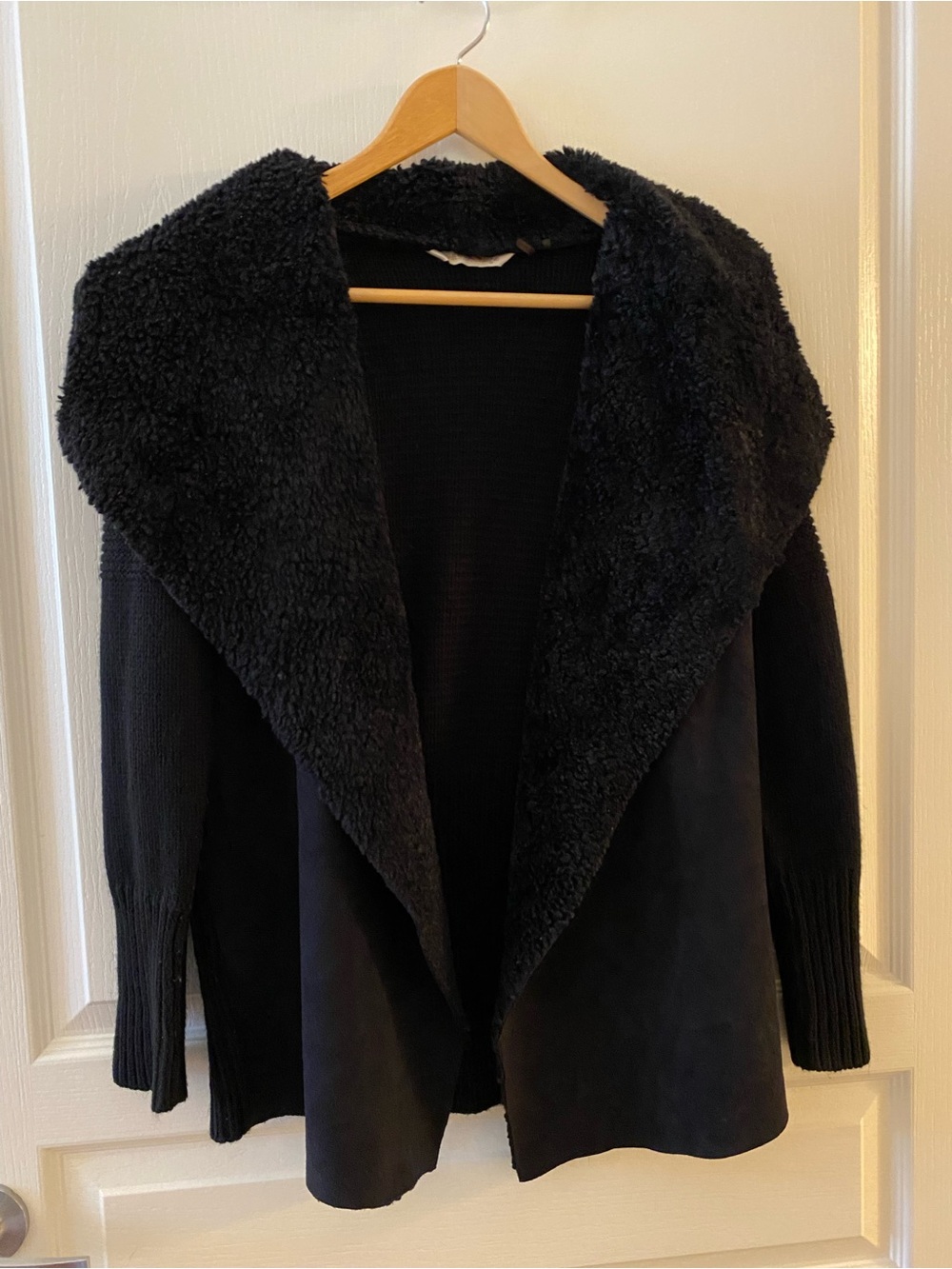 SOFT SURROUNDINGS Faux Suede/Sherling Knit Open Front Cardigan in Black - S